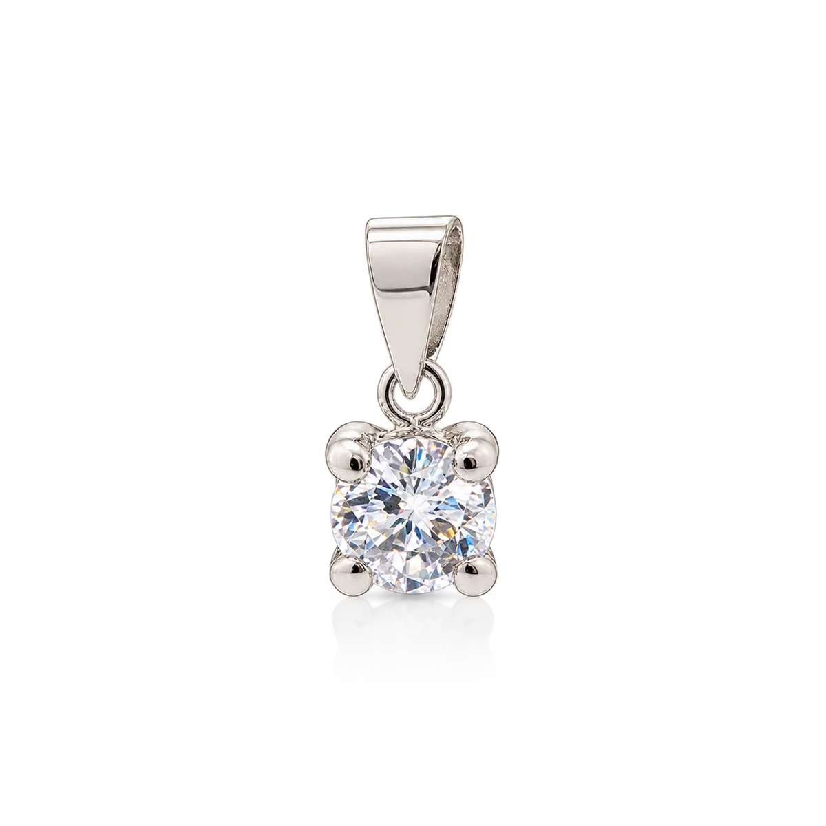 Colgante solitario de oro blanco con circonita redonda incolora de 5 mm sujeta por cuatro garras