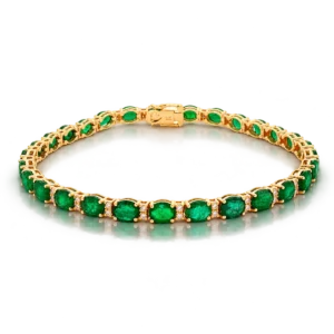 Pulsera de oro amarillo con hilera de esmeraldas verdes ovaladas y pequeños separadores con diamantes talla brillante